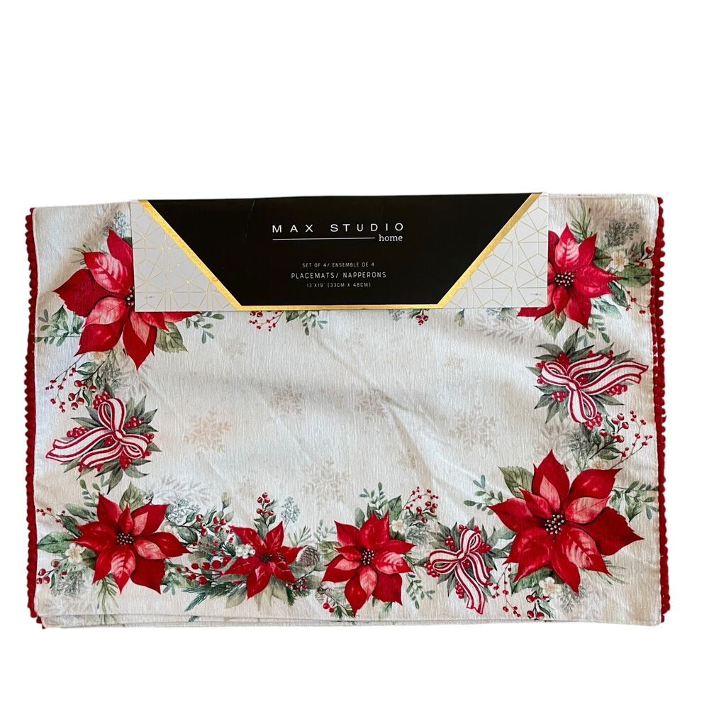 Max Studio Christmas Poinsettia & Bows Placemats 13x19 Set of 4 Holiday Red NEW